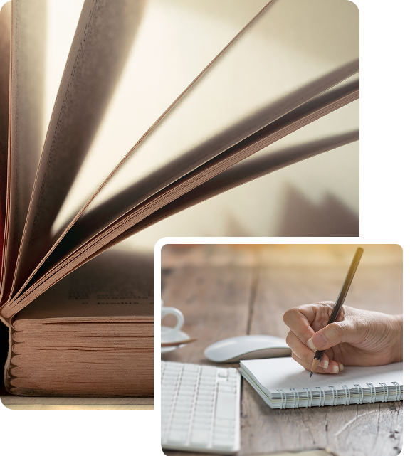 Open book and hand writing in notebook.